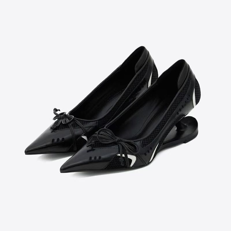 Womens Fashion Bow Spliced Heels, Special Heel Pointed Toe Non Slip Shallow Mouth Mary Jane Single Shoes