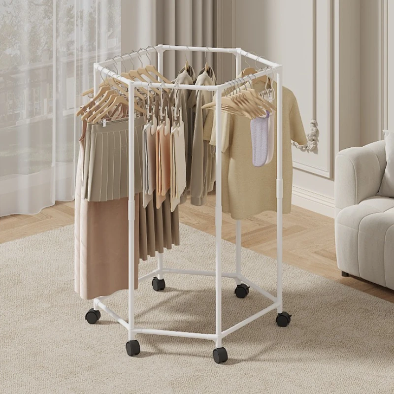 Movable Garment Organizer Hexagon Rotating Clothes Rack Dormitory Coat Hanger Stand Indoor Hat Drying Rack