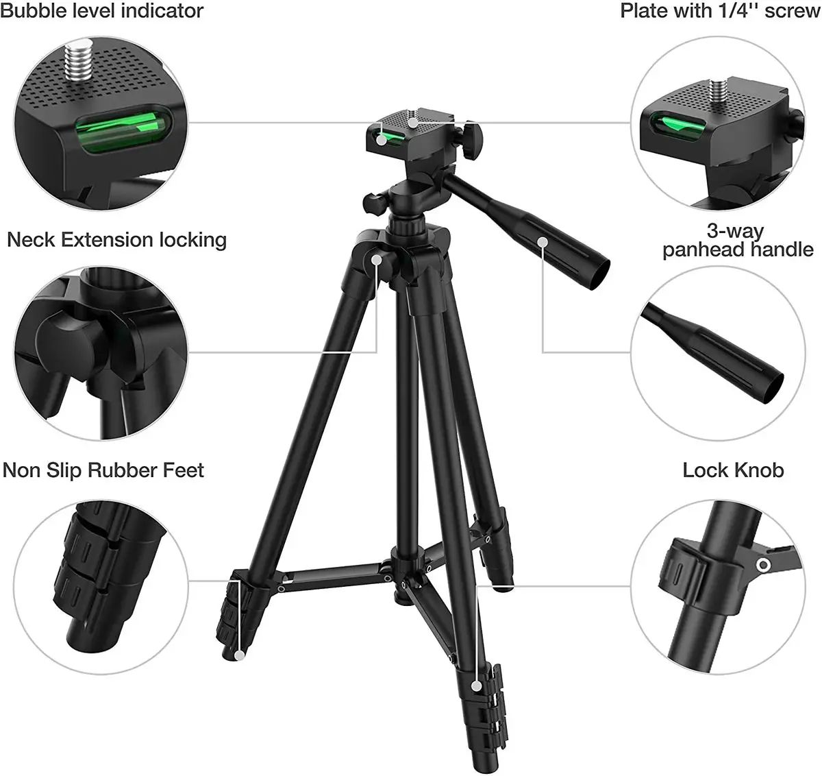 Lightweight Camera Tripod with Phone Holder