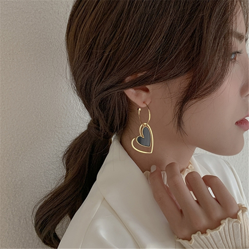 Asymmetric, Korean, Hollow Black Heart Earrings, Drop Earrings, Party Jewelry, Temperament Style, For Women