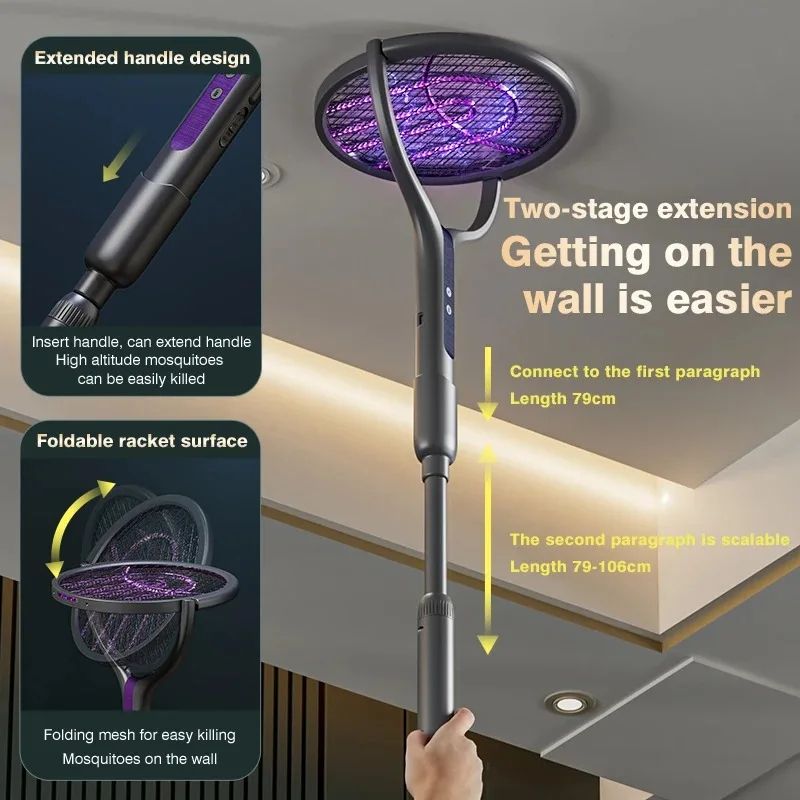 2800V Electric Mosquito Swatter Rechargeable Mosquito Racket with Extension Handle 5-Layer Safety Protection