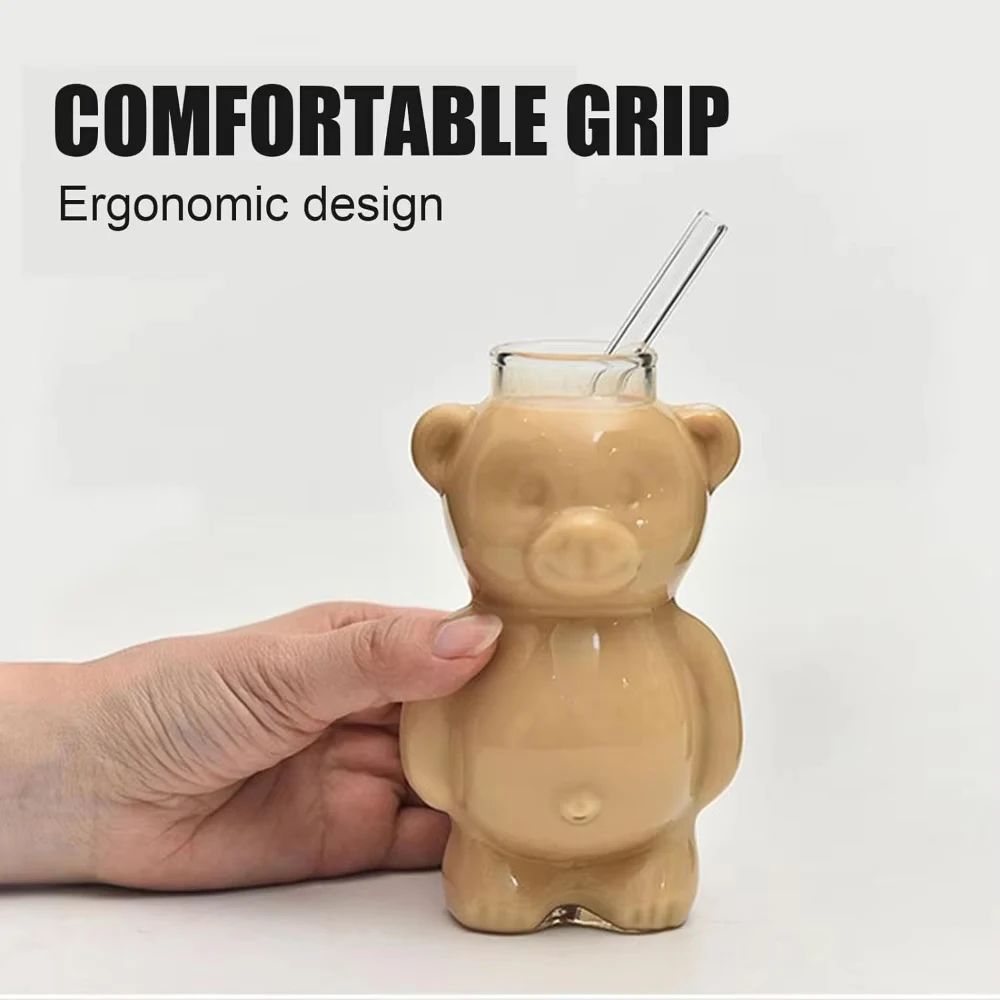 Cute Bear Glass Mug with Straw – 320ML Transparent Cartoon Coffee Cup