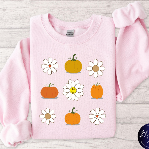 Thanksgiving Pumpkin Daisy Sweatshirt, Fall Floral Pumpkin Crewneck, Cute Autumn Pumpkin Flower Sweater
