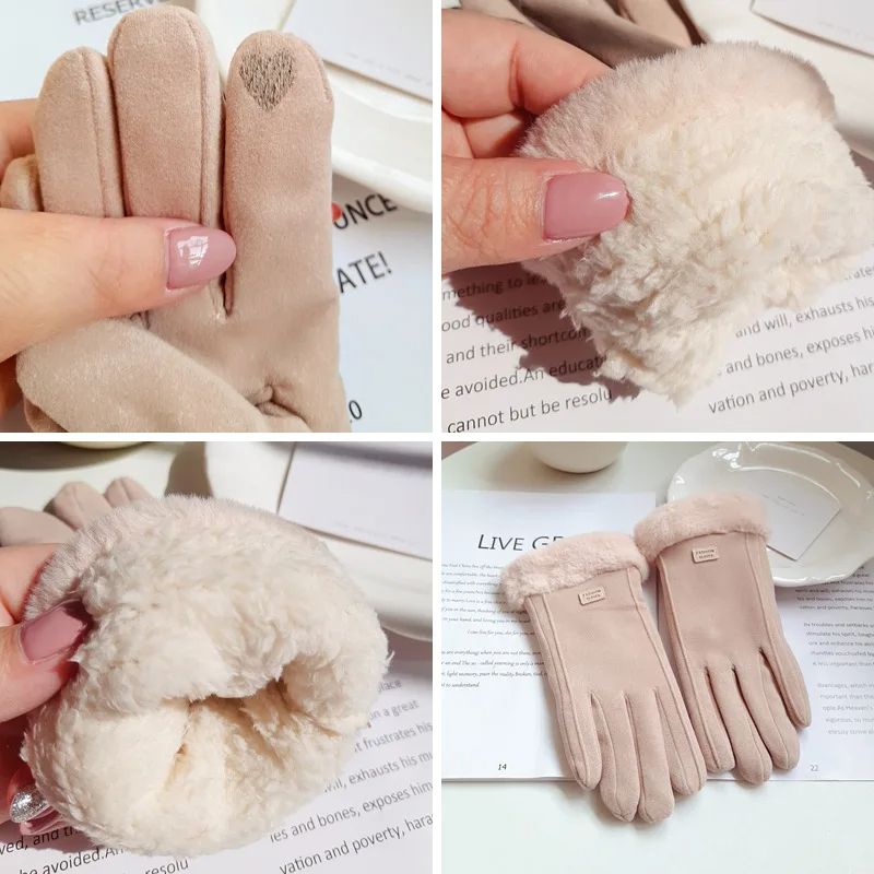 Fashion Warm Suede Women Winter Gloves, Thick Plush Touchscreen Outdoor Guantes for Cycling & Driving