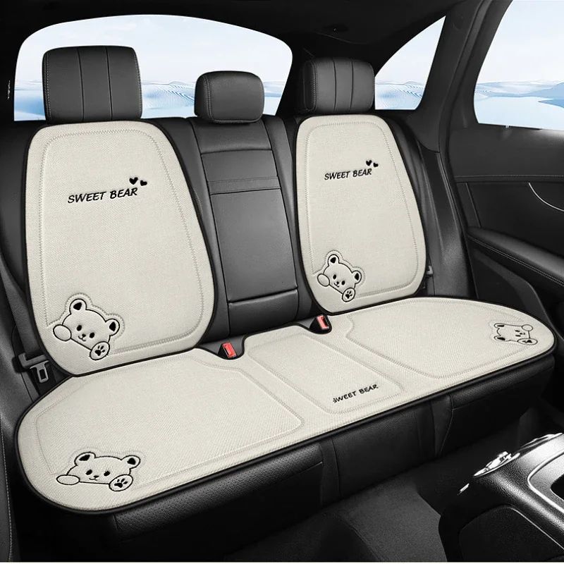 Luxury Cartoon Bear Linen Car Seat Cushion Cover Set – Anti-Slip Breathable Universal Fit for Front & Rear Seats