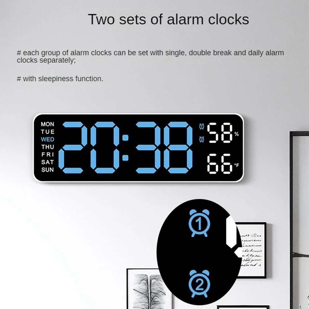 9-Inch Large Digital Wall Clock with Temperature, Humidity & Auto-Dimming Alarm Display
