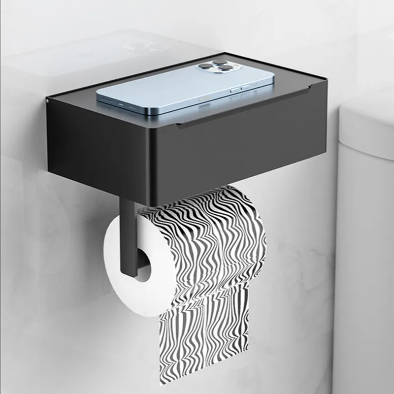 Black Multi-function Bathroom Storage Rack, Stainless Steel Paper Holder with Toilet Roll and Wipes Dispenser