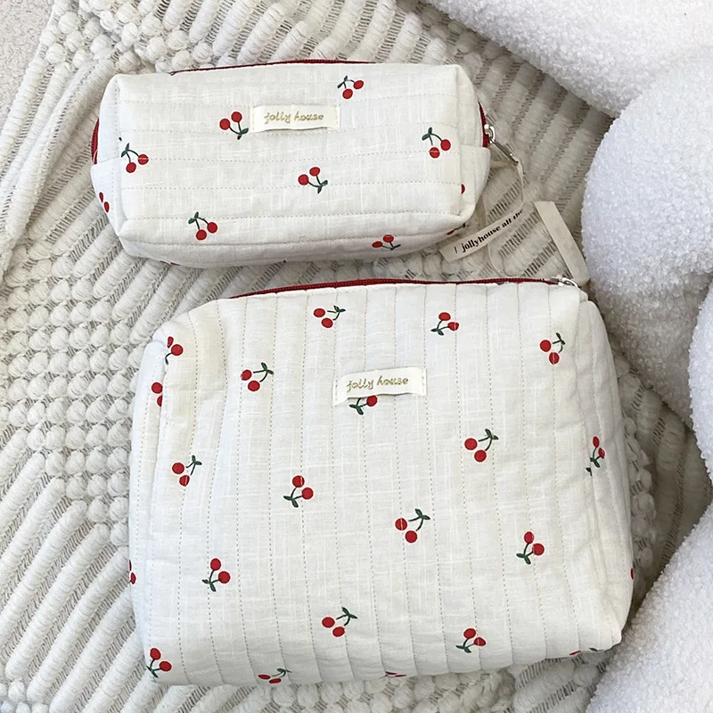 Retro Cherry Cotton Cosmetic Travel Bag Cute Makeup Organizer Pouch for Women and Girls