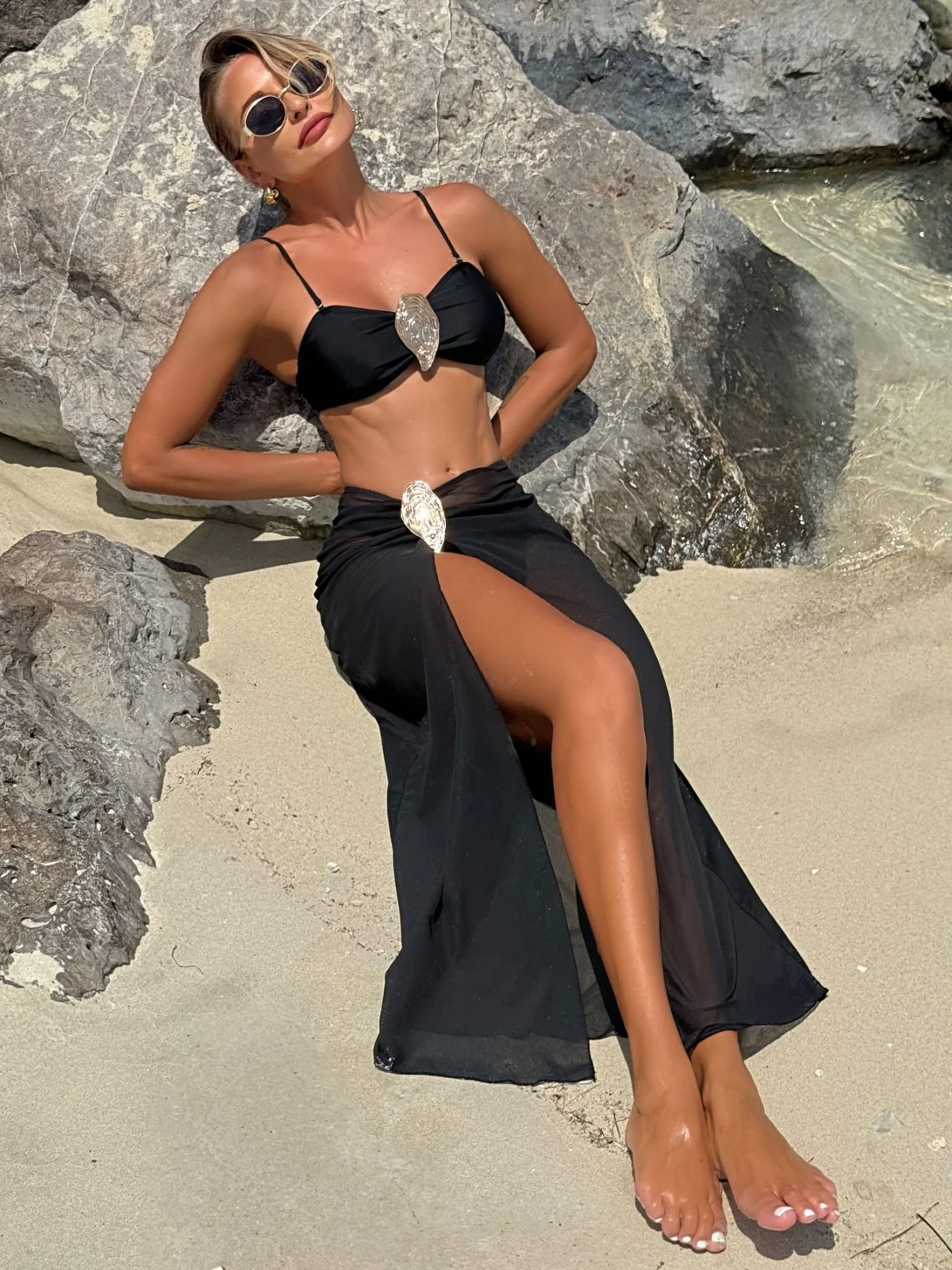 Vintage White Swimsuit, Metal Oyster Buckle Bikini Set, Push Up Mesh Long Skirt, Holiday Bathing Suit Swimwear for Women