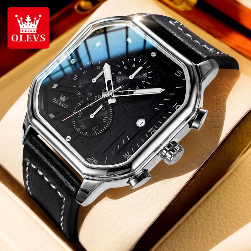 OLEVS 9950 Luxury Square Chronograph Men's Quartz Watch with Luminous Leather Strap
