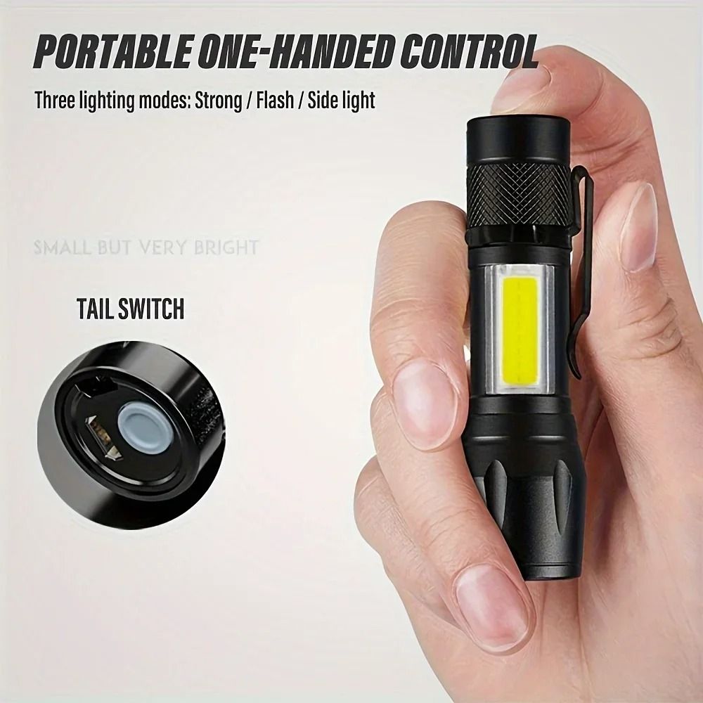 USB Rechargeable Mini COB and XPE LED Flashlight with Zoom and Pen Clip