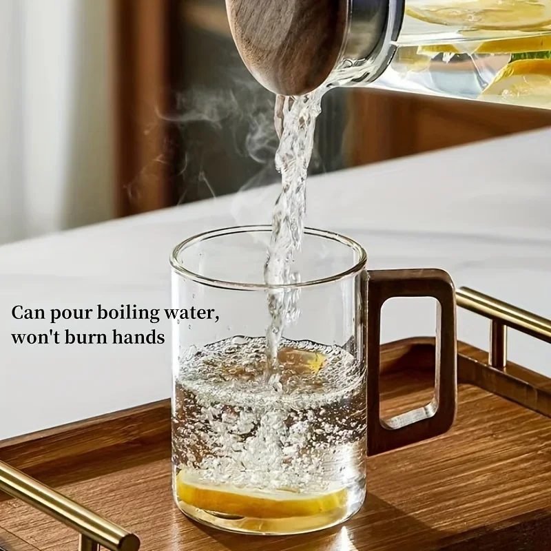 Glass Cups, Walnut Handle, Heat-resistant Mug, Large Capacity, Tea Making Cup, Office Drinking Glasses