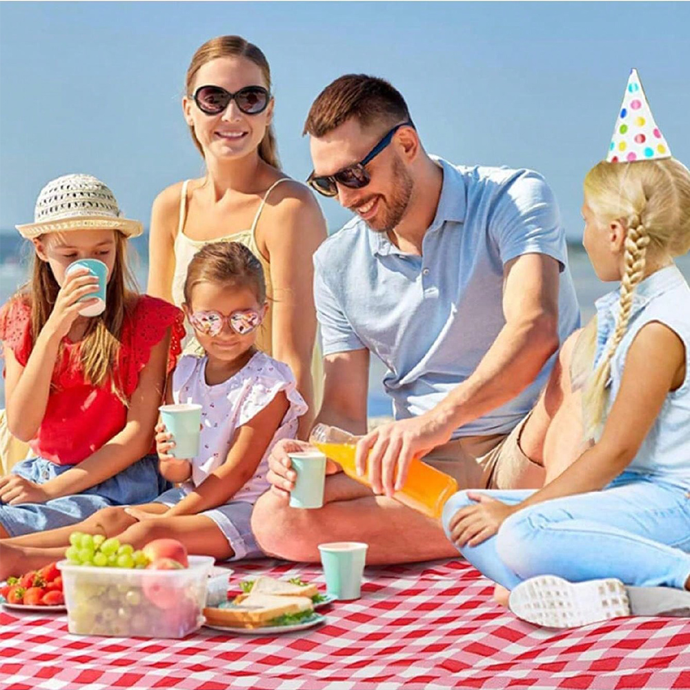 Portable Waterproof Picnic Blanket Foldable Beach Mat with Handle Red Checkered