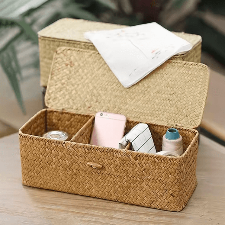 3-Grid Handwoven Storage Basket with Lid – Dust-Proof Rectangular Organizer Box