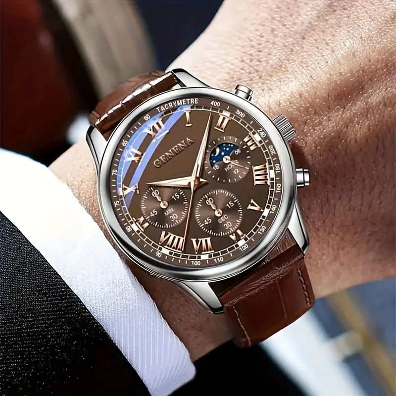 GENEVA Round Business Mens Quartz Watch with Luminous Dial & Leather Strap