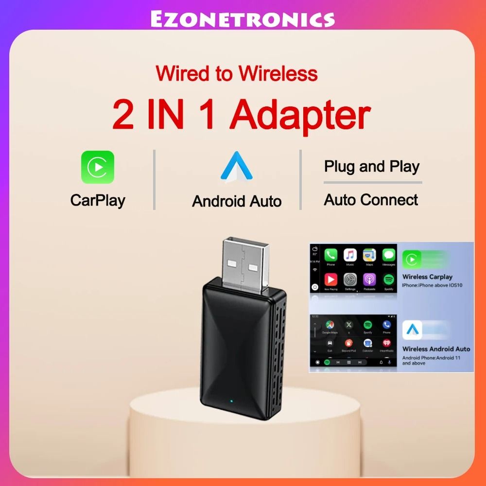Wired to Wireless Car Adapter for CarPlay and Android Auto with USB Plug and Play