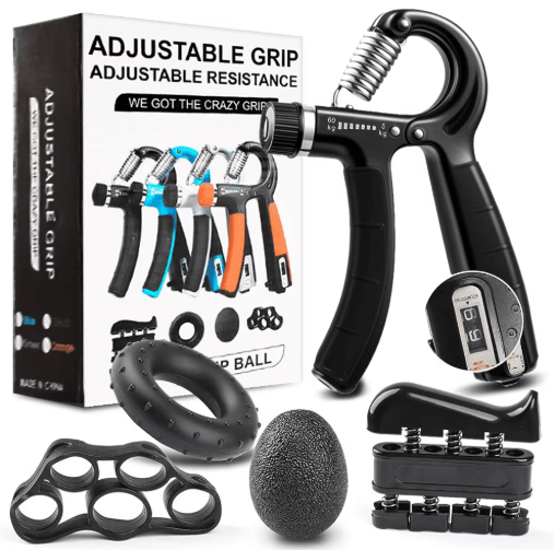 Hand Grip Strengthener Set – Adjustable Gripper, Finger Exerciser Bands and Stress Ball for Forearm Training