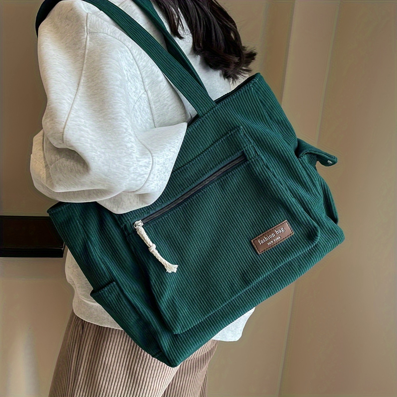 Retro Corduroy Tote Bag Stylish Solid Color Shoulder Bag with Multi Pockets for School Work and Shopping