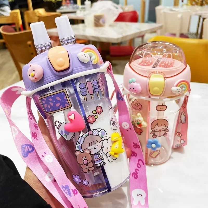 Kids Water Bottle with Double Straw Leak Proof Cute Plastic Bottle 430ml