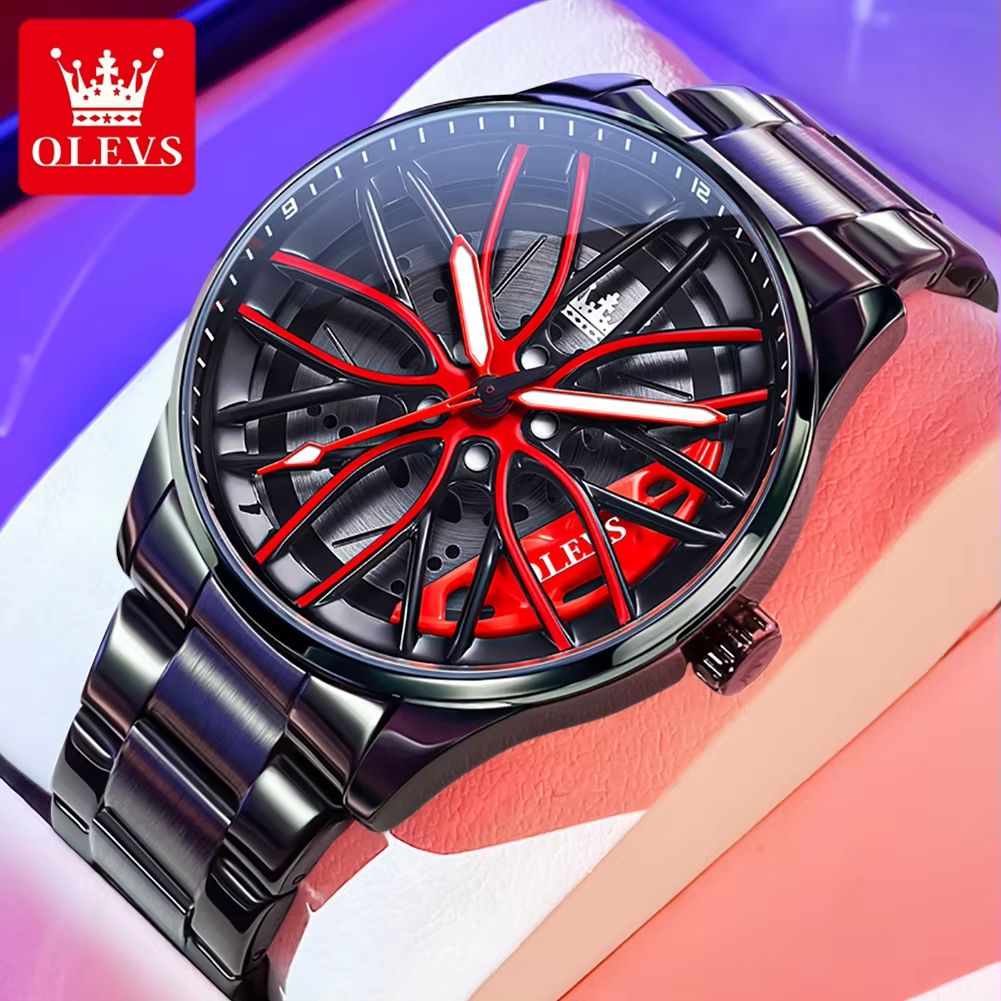 OLEVS Car Rim men's quartz watch Stainless Steel car wheel watch Waterproof Sport Wristwatch