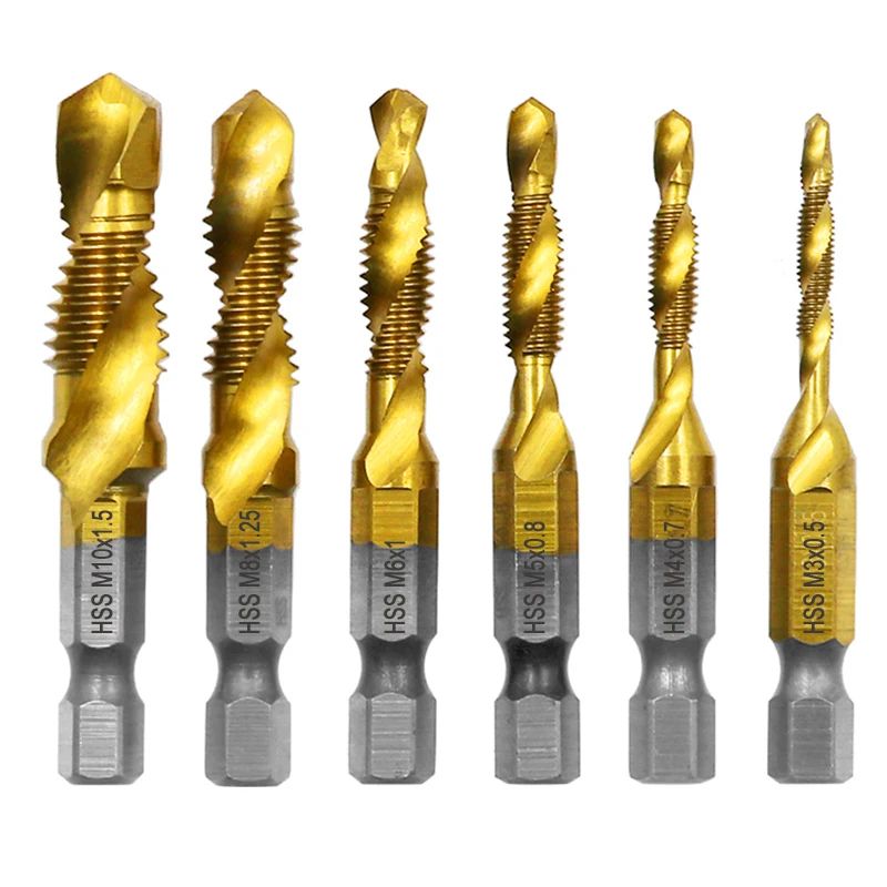 6 Pcs Titanium Plated Drill Tap Set M3–M10 - High Speed Steel Hex Shank Tap & Drill Combo with Chamfer Tool