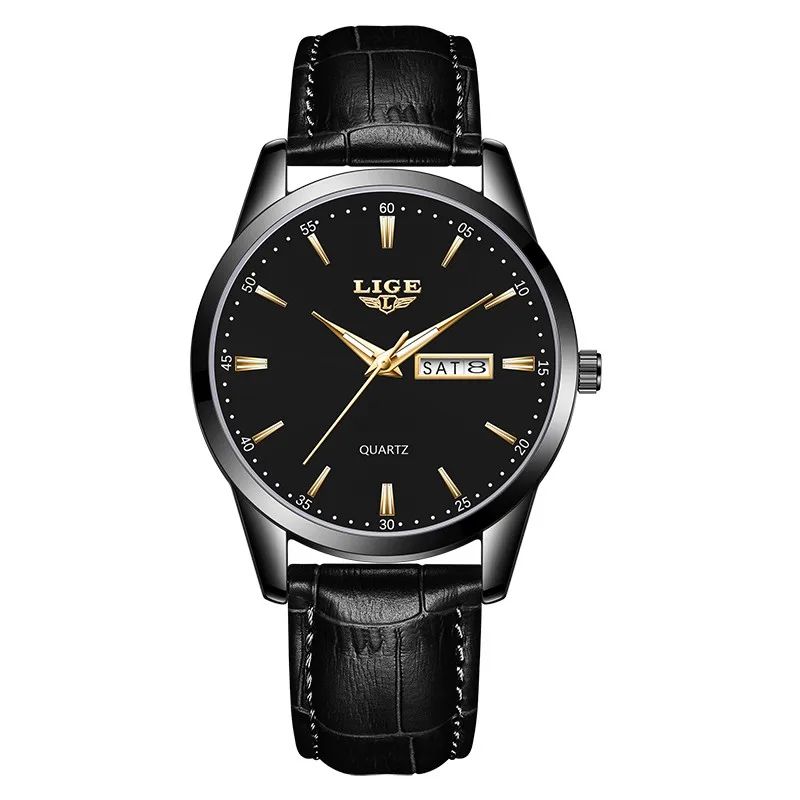 LIGE Executive Waterproof Men's Leather Quartz Watch with Luminous Date & Week Display