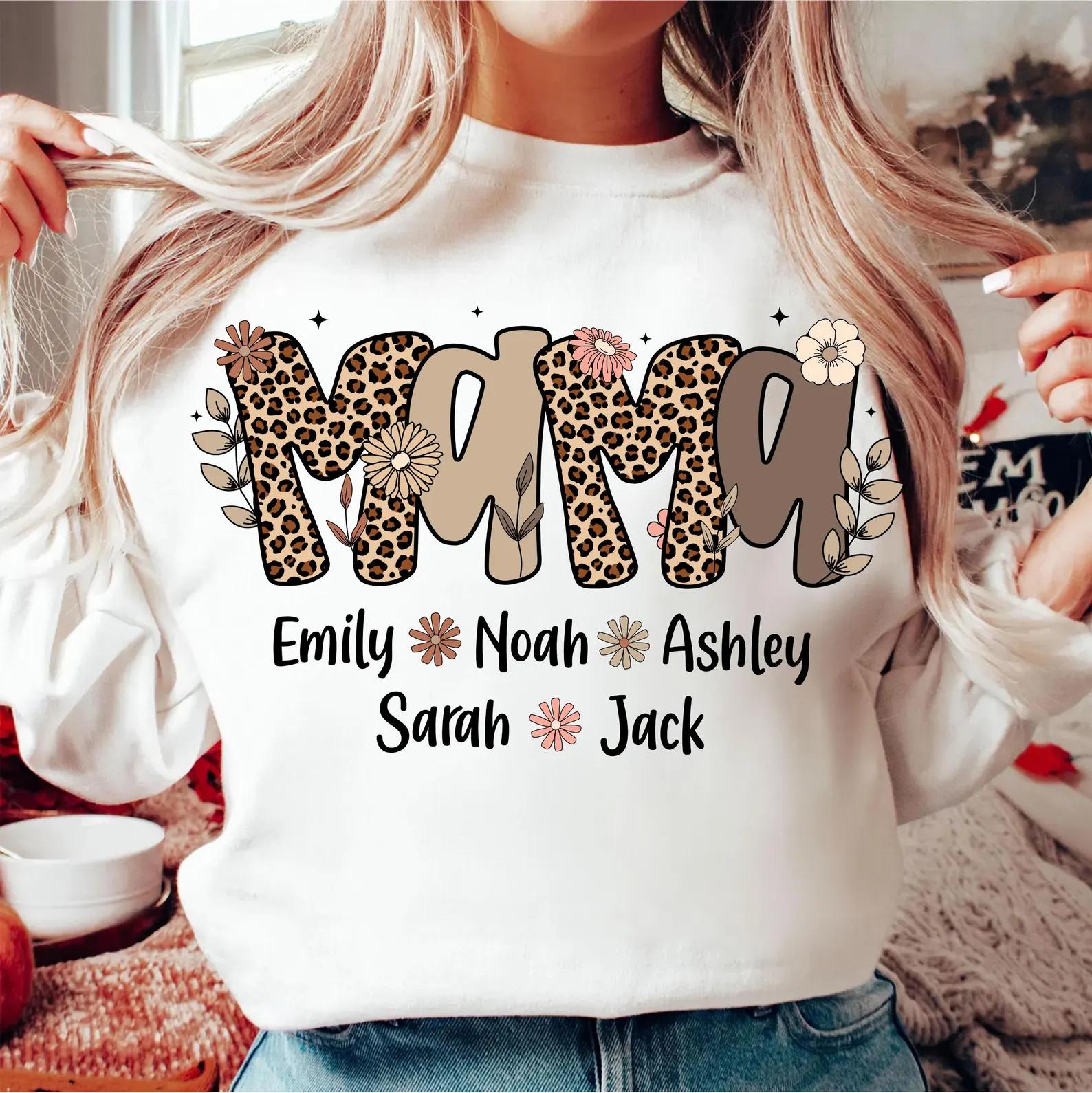 Personalized Mama Leopard Print Sweatshirt with Kids Names Custom Mom Pullover Gift