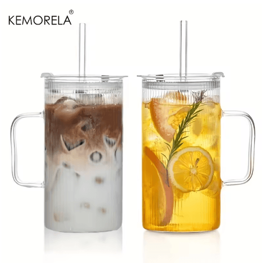 KEMORELA Ribbed Glass Tumbler with Handle and Lid 740 ml Large Iced Coffee Cup 1 to 2 PCS
