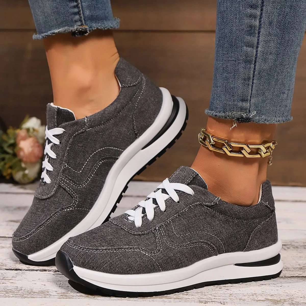 Womens Blue Denim Thick Sole Sneakers, Fashion Lace Up Platform Casual Sports