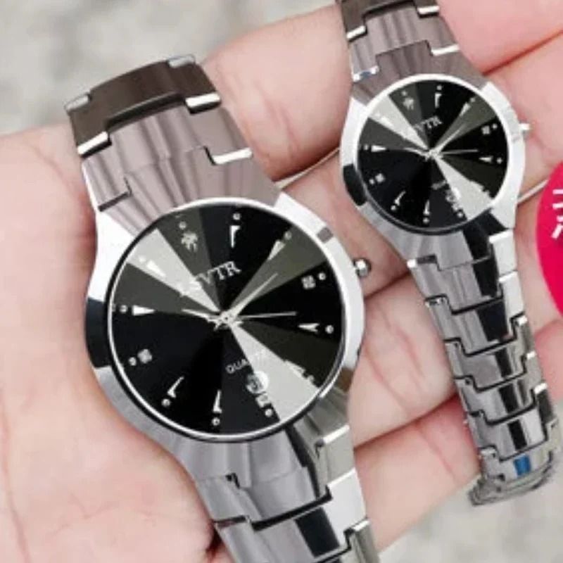Tungsten Steel Quartz Watch with Calendar Unisex Couple Watch
