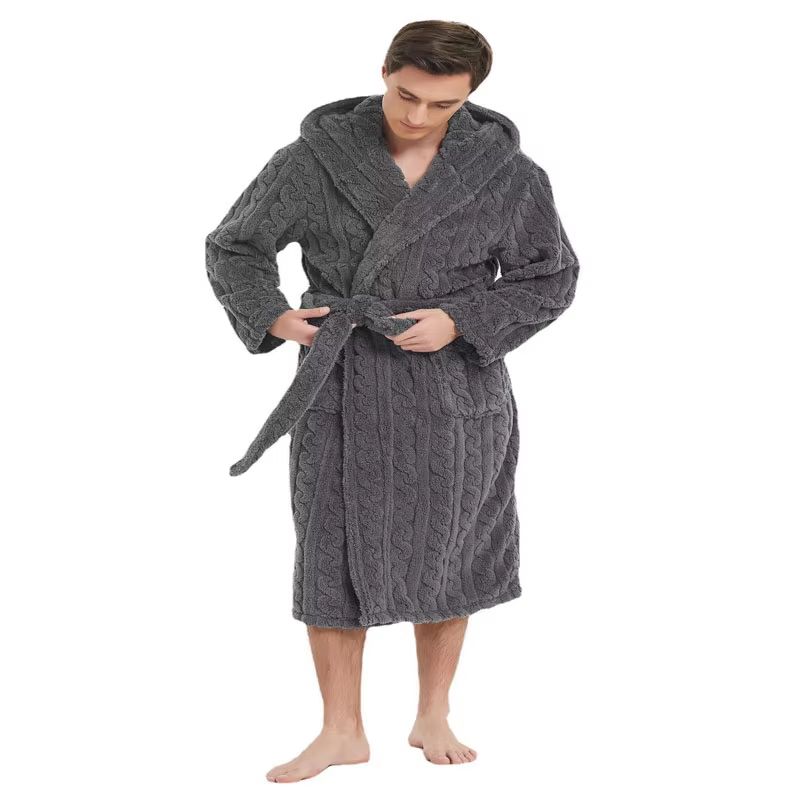 Men's Hooded Thickened Velvet Jacquard Warm Homewear Robe