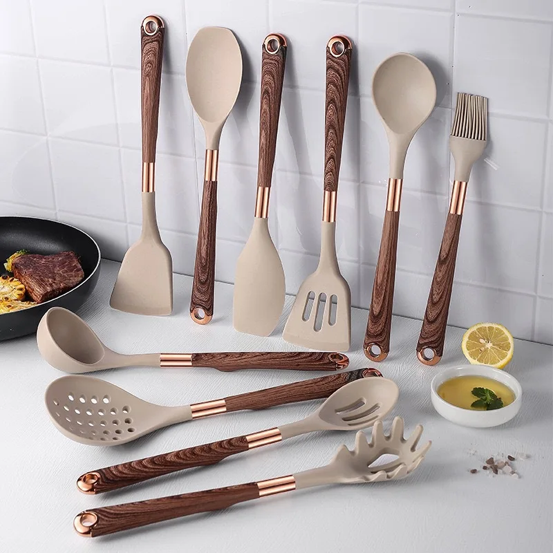 Premium Silicone Kitchen Utensils Set with Gold-plated Wood Grain Handles - Spatula, Spoons, Cooking Tools