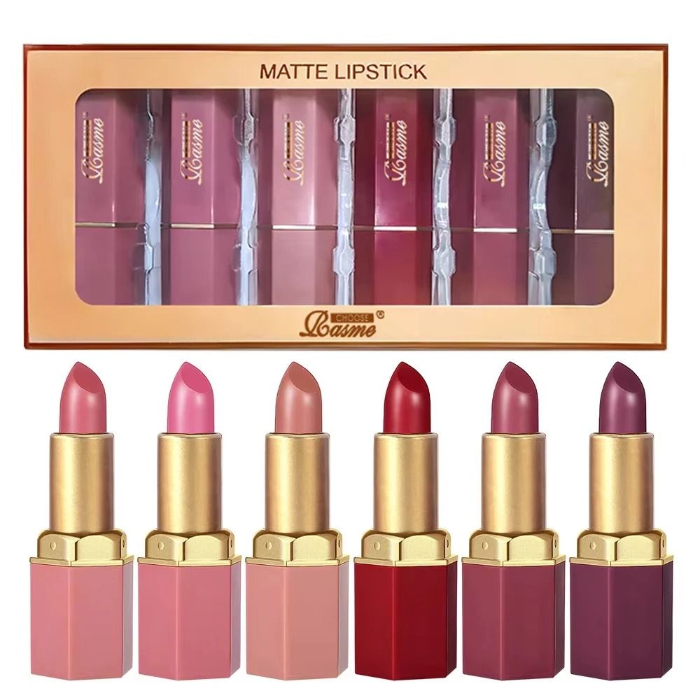 6PCS Gold Bar Tube Matte Lipstick Set | Pearlescent Glitter Velvet Texture Valentine's Day Gift