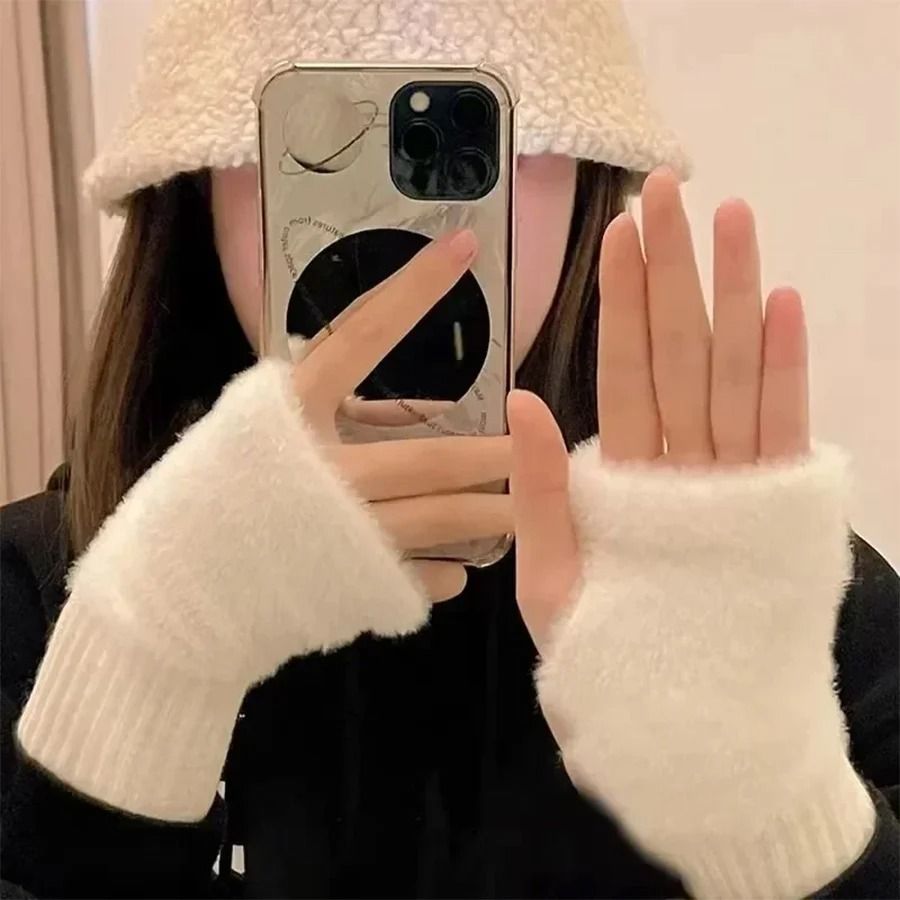 Warm Plush Half Finger Gloves for Women Soft Winter Wrist Mittens