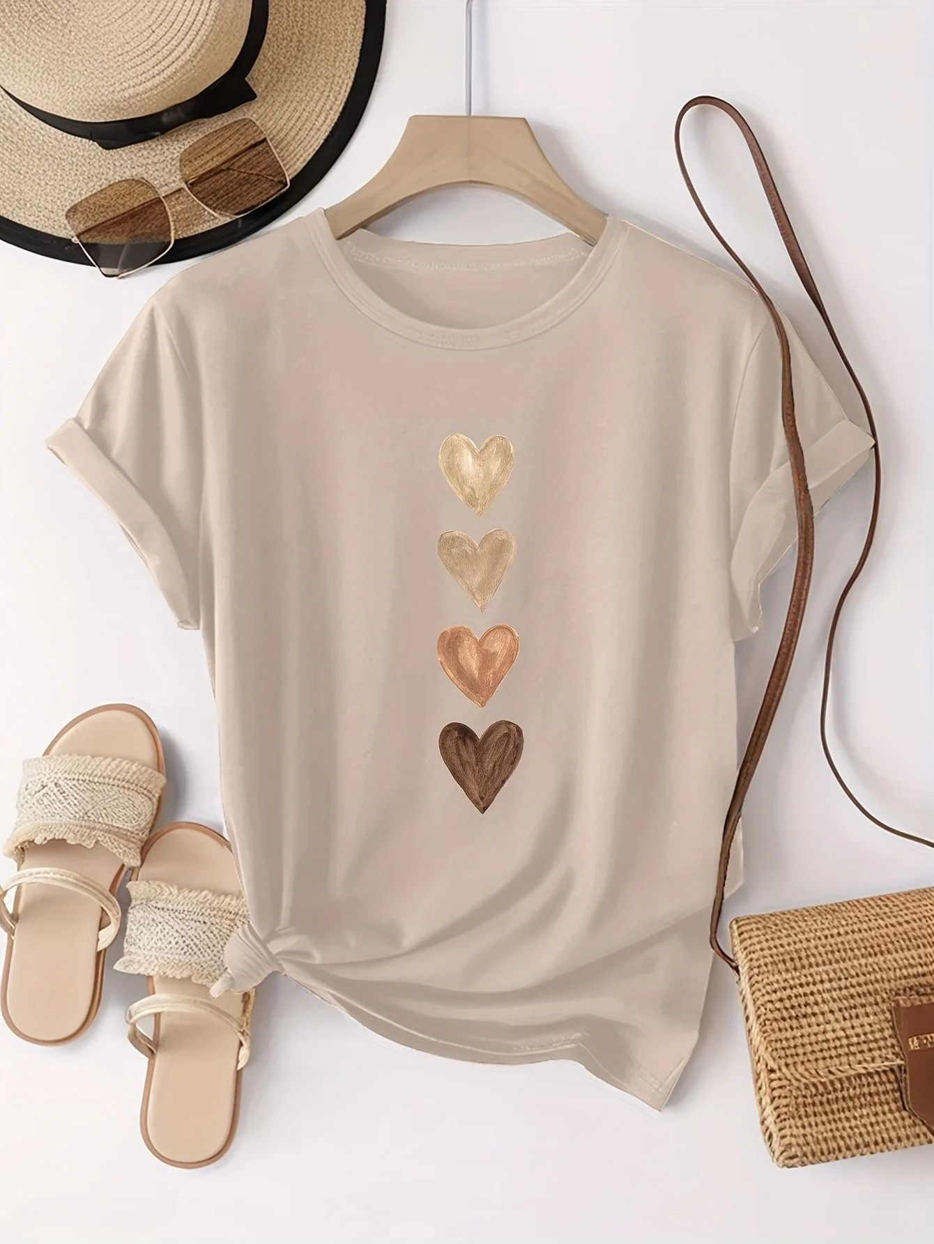 Womens Casual Short Sleeve T-Shirt with Four Heart Graphic Print Black and Golden
