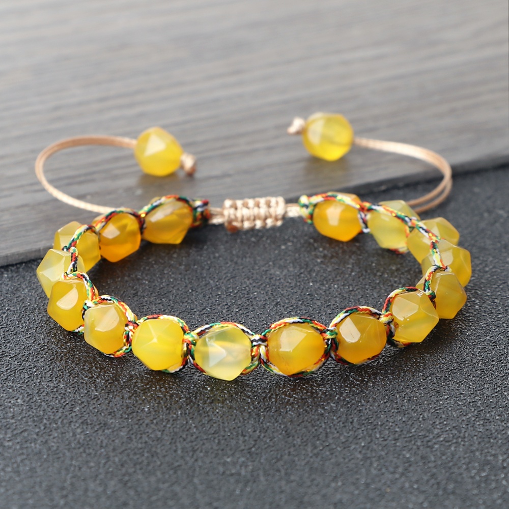 Women Malay Stone Cut Face Bracelet Yellow Agate Handmade Wristband Vacation Healing Beach Jewelry