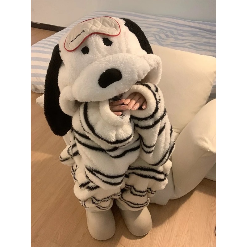 Womens Winter Cute Girl Cartoon Puppy Hooded Coral Fleece Pajamas Set Thickened Loungewear Pajamas