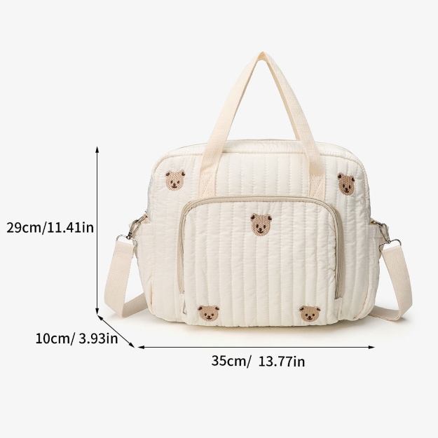 Baby Diaper Bag, Cute Bear Flower Embroidery Pattern, Beige Cotton Fabric Mommy Bag, Zipper Diaper Handbag, New Luggage