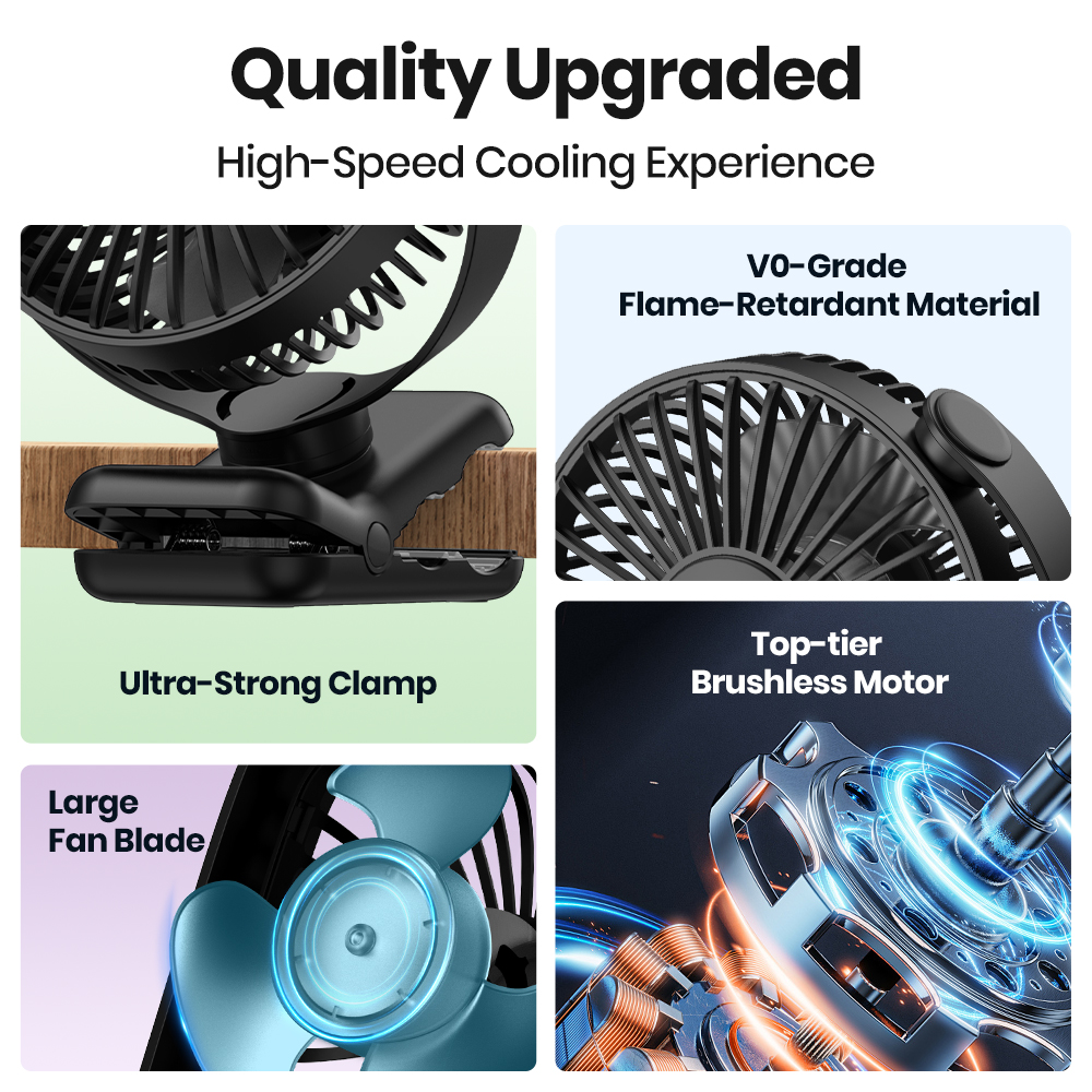 Portable USB Clip-On Desk Fan Brushless Motor, Ultra-Quiet Airflow, Sturdy Clamp for Office or Bedroom