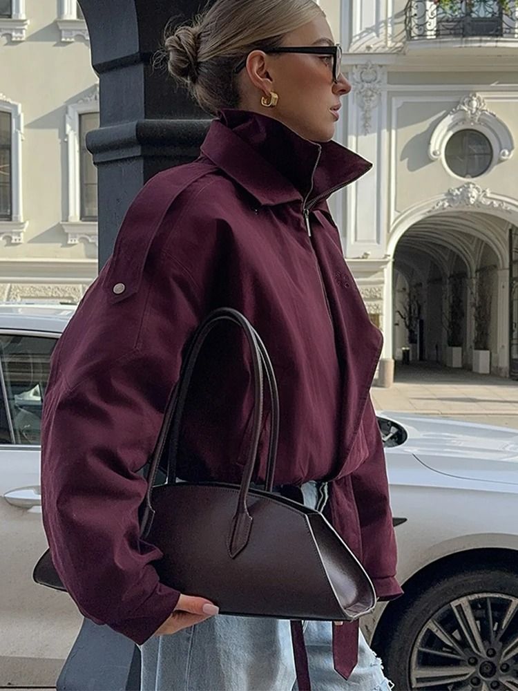 Womens Burgundy Bomber Jacket with Zipper and Stand Collar