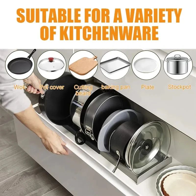 Expandable Stainless Steel Pan Lid Organizer Rack for Cabinet and Countertop Storage