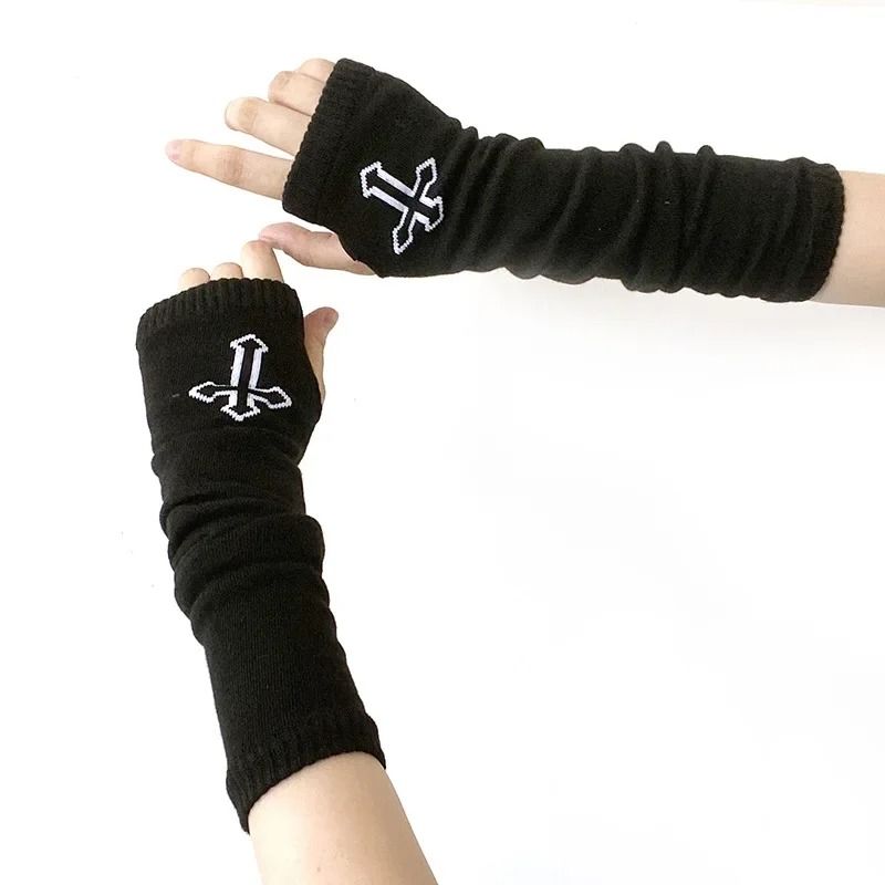 Warmer Knitted Long Fingerless Gloves Lady Striped Elbow Mittens