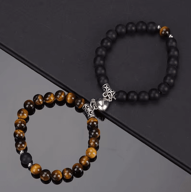 LavaLove 2-Pcs Beaded Couple Bracelets Set – Natural Stone Heart Magnetic Distance Bracelets Gift
