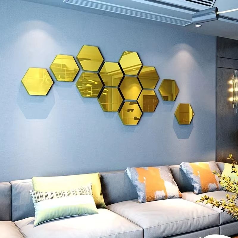 12Pcs Hexagon Acrylic Mirror 3D Wall Sticker for Living Room and Home Decoration