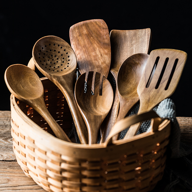 Cooking Wooden Utensils for Cooking, Teak Wooden Kitchen Utensils Set