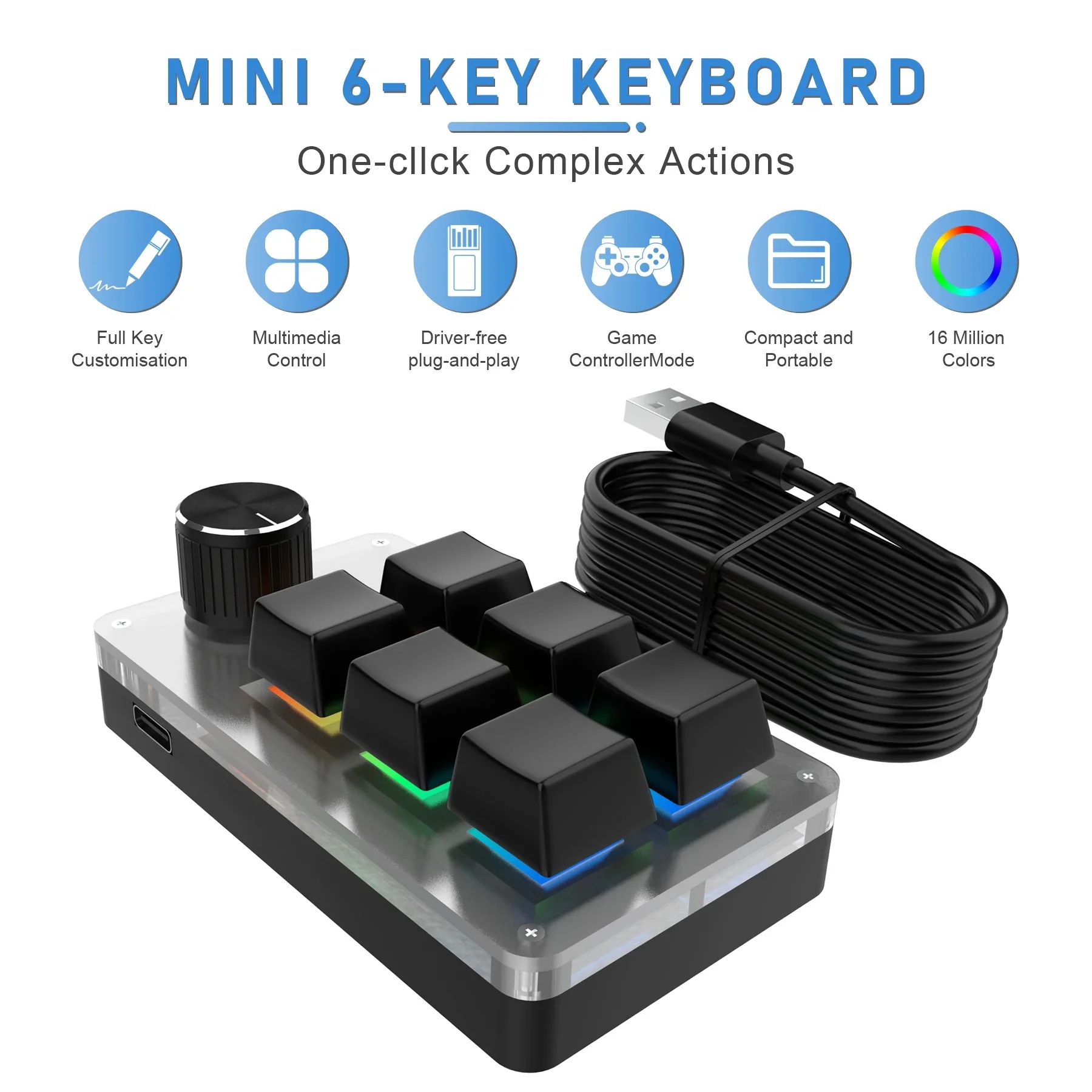 RGB Programmable Macro Keypad with Control Knob – 6-Key Mechanical Mini Keyboard for Gaming & Creative Workflows