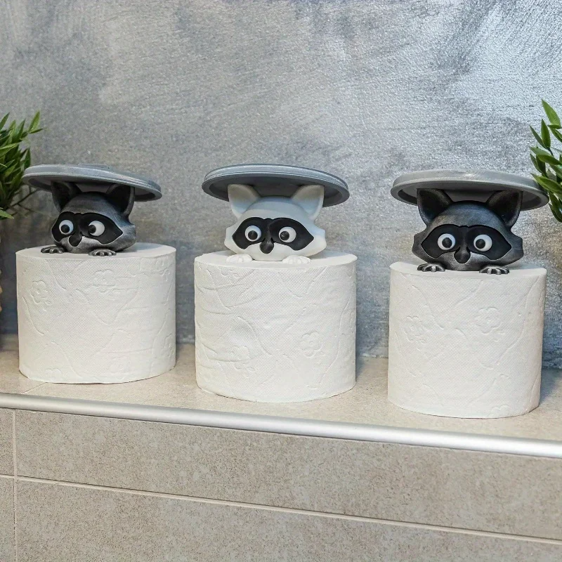 3D Printed Raccoon Toilet Roll Holder White Plastic Tissue Holder with Lid Playful Bathroom Decor
