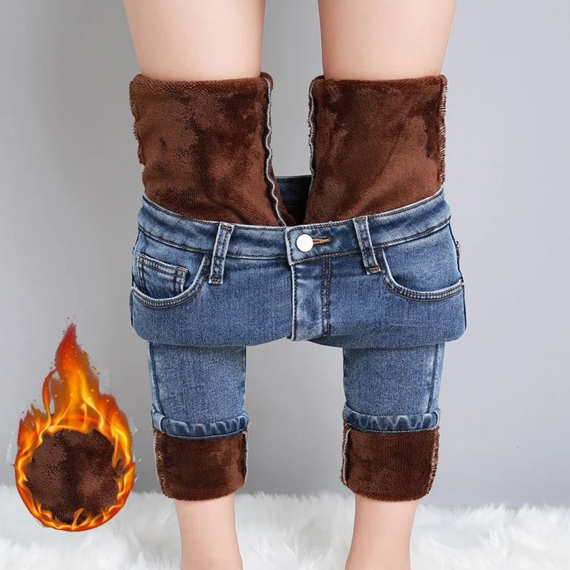 Womens Fleece Lined Thermal Jeans Warm Stretch Skinny Winter Denim Pants