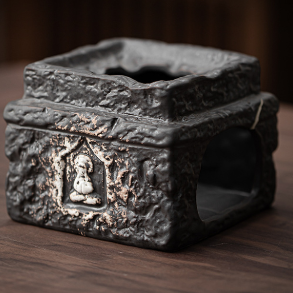 Buddha Tea Warmer Holder, Handmade Wabi Sabi Black Pottery, Kettle Stand, Carbon Furnace Tea Set, Candle Heater