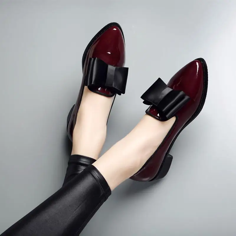 Women's Loafers Bow Decor Pointed Toe, Flat Shoes for Women Patent Leather Shallow Mouth Commuter Daily Casual Shoes